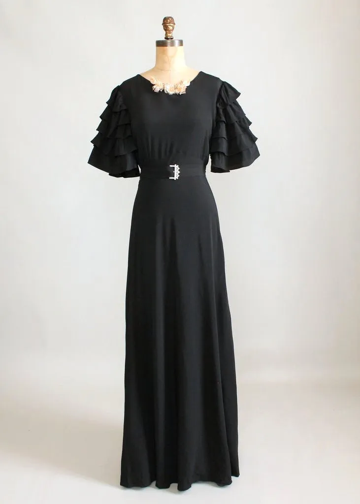 Vintage 1930s Seville Black Rayon Evening Dress