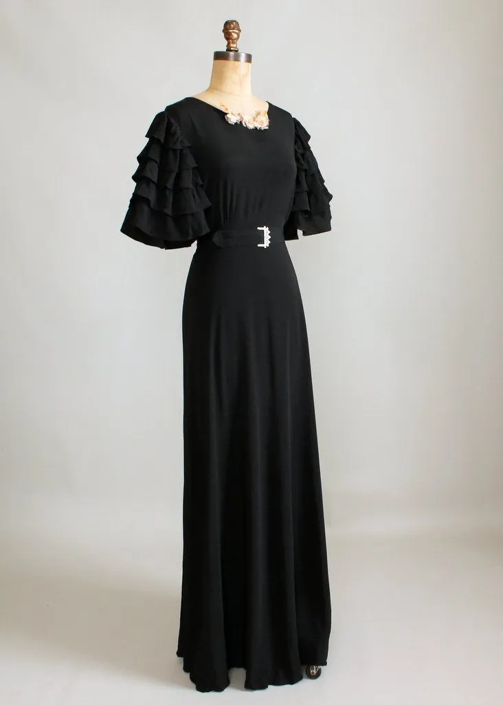 Vintage 1930s Seville Black Rayon Evening Dress