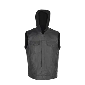 VL914H Zipper and Snap Closure Leather Motorcycle Club Vest with Hoodie and 2 Gun Pockets