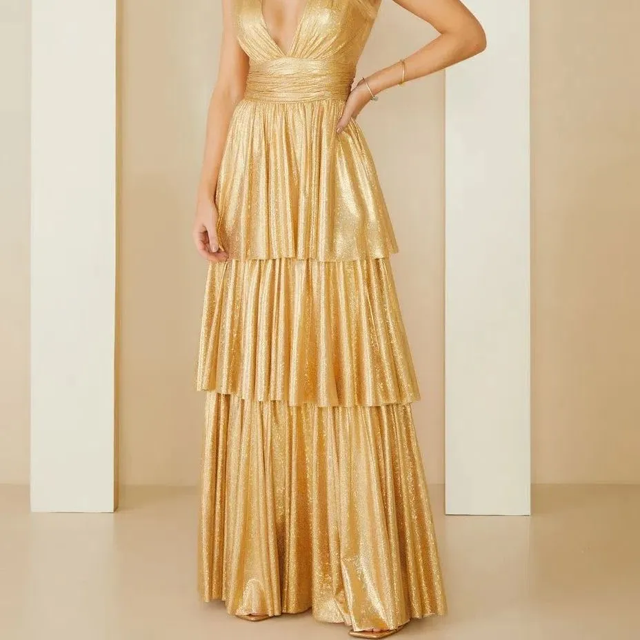 Wenkouban gold dress Spring and Summer Sling Layered Backless Sleeveless Sexy Multi-Layer Dress