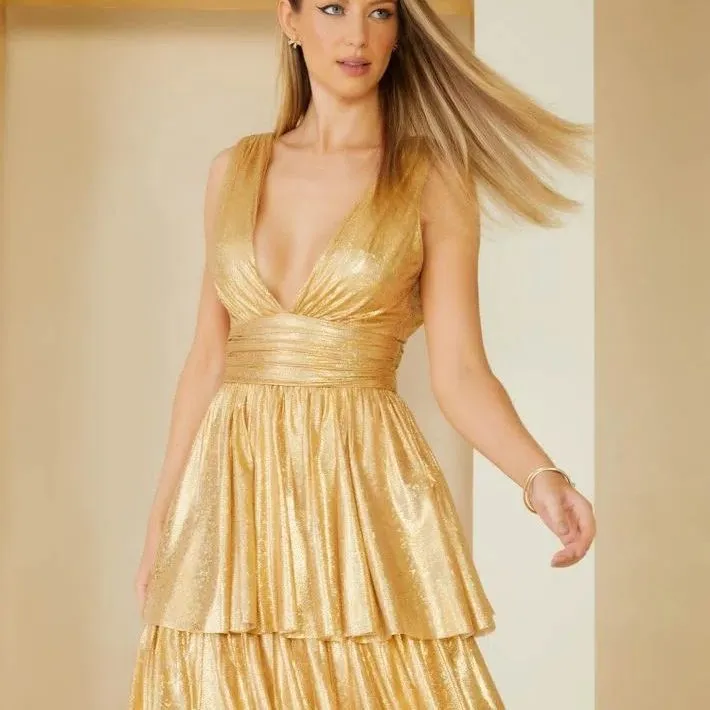 Wenkouban gold dress Spring and Summer Sling Layered Backless Sleeveless Sexy Multi-Layer Dress