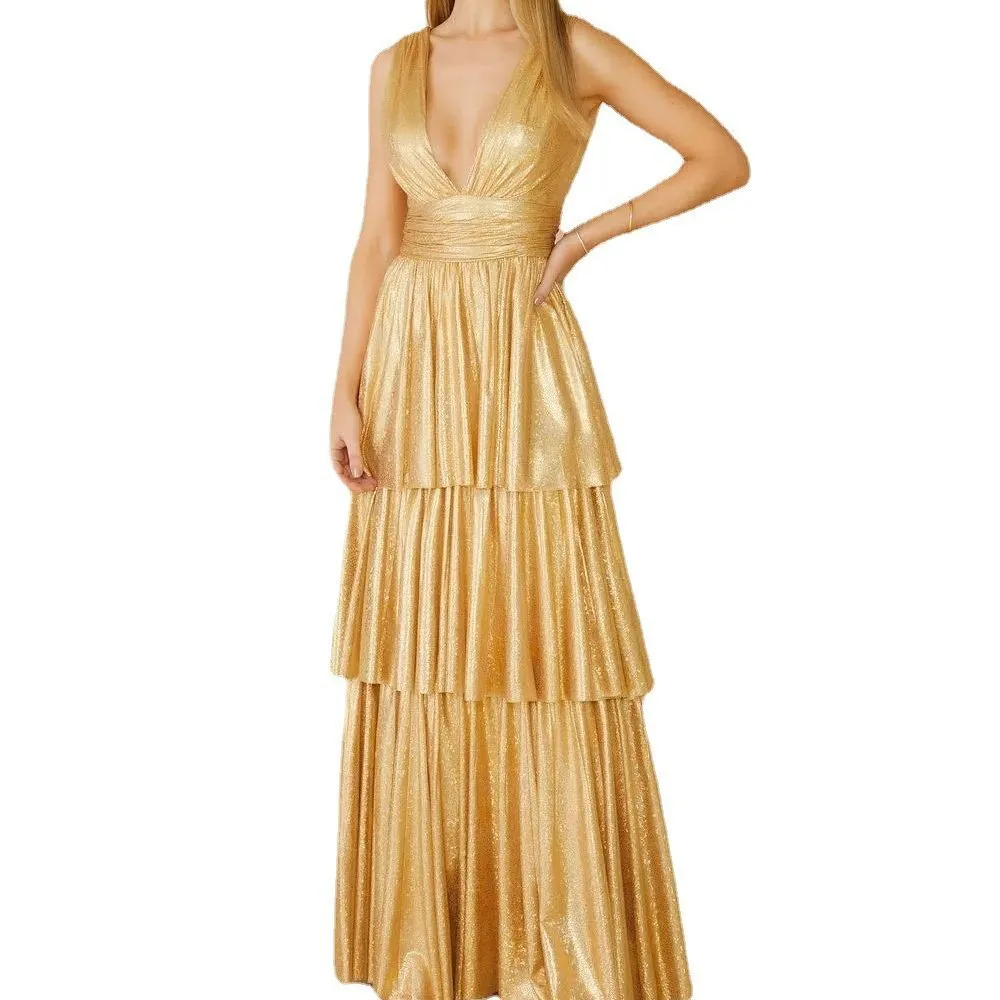 Wenkouban gold dress Spring and Summer Sling Layered Backless Sleeveless Sexy Multi-Layer Dress