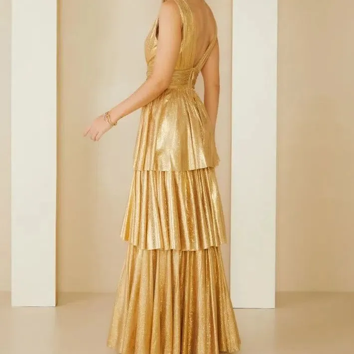 Wenkouban gold dress Spring and Summer Sling Layered Backless Sleeveless Sexy Multi-Layer Dress