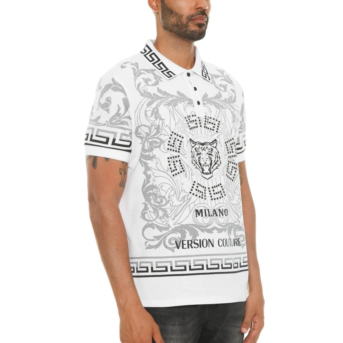 White Italian Print Polo Shirt