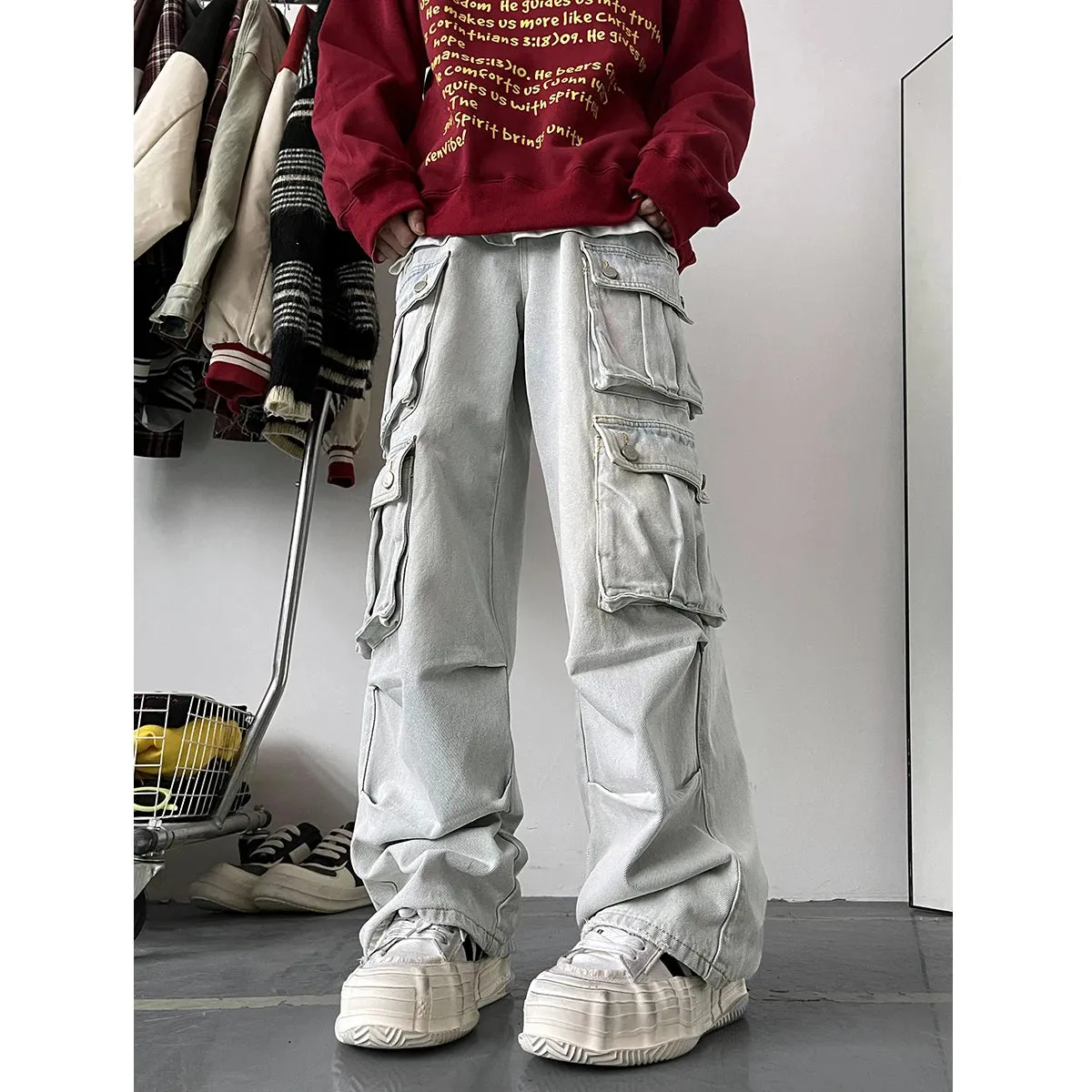 Wiaofellas  -  Light Blue Cargo Jeans Men's Patchwork Straight Casual Trousers Men Muti-pockets Hip Hop Streetwear Loose Fashion Pants