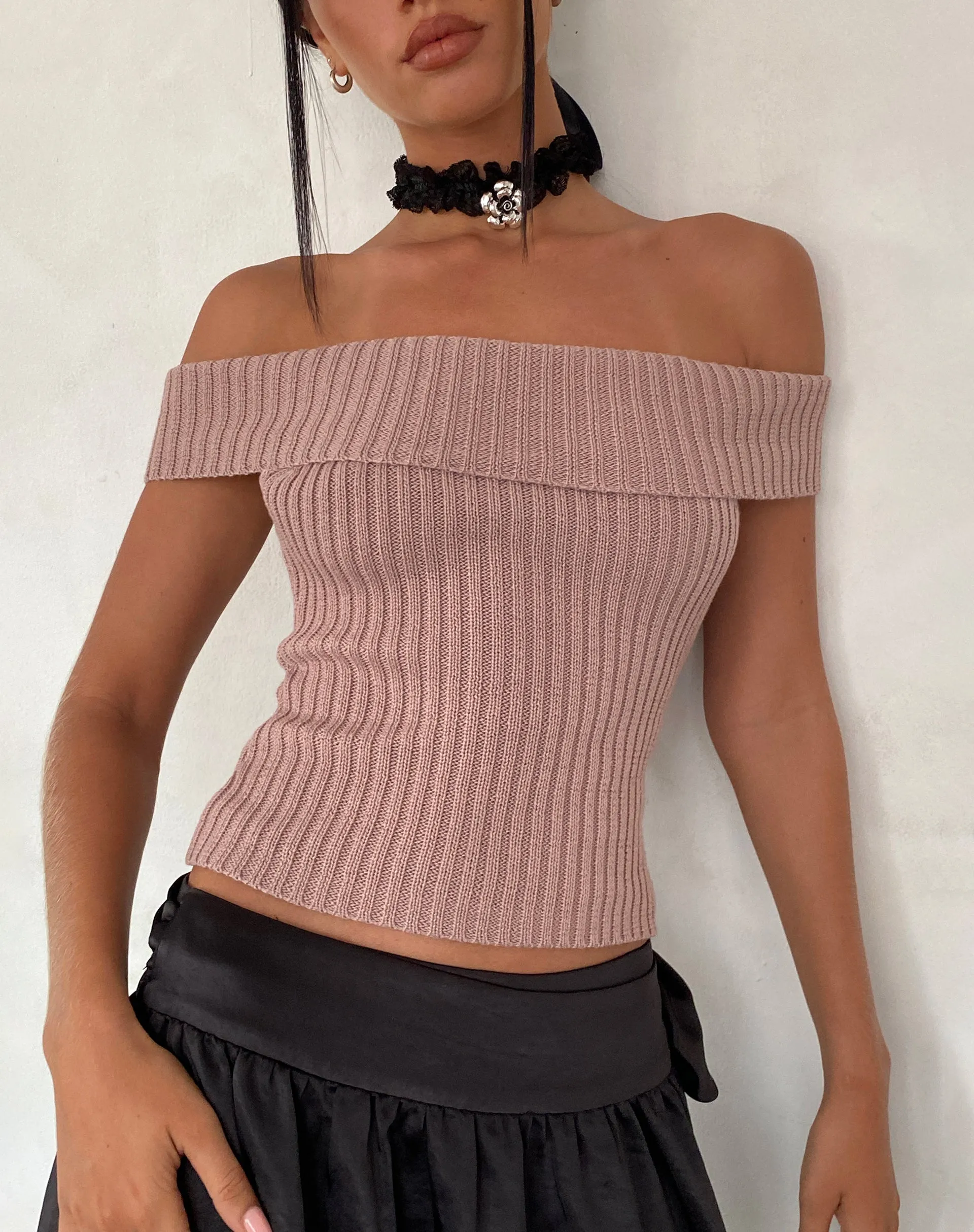 Wilda Bardot Bow Back Top in Knit Blush