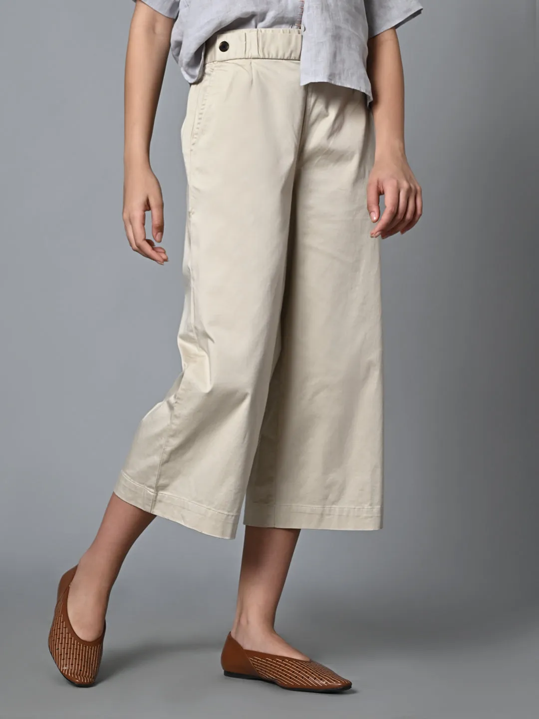 Women's Beige Cotton Elastane Regular Fit Culotte