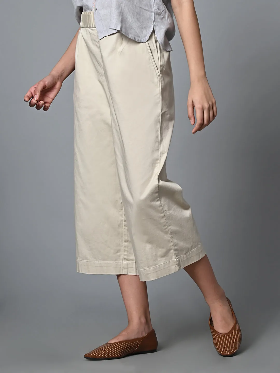 Women's Beige Cotton Elastane Regular Fit Culotte