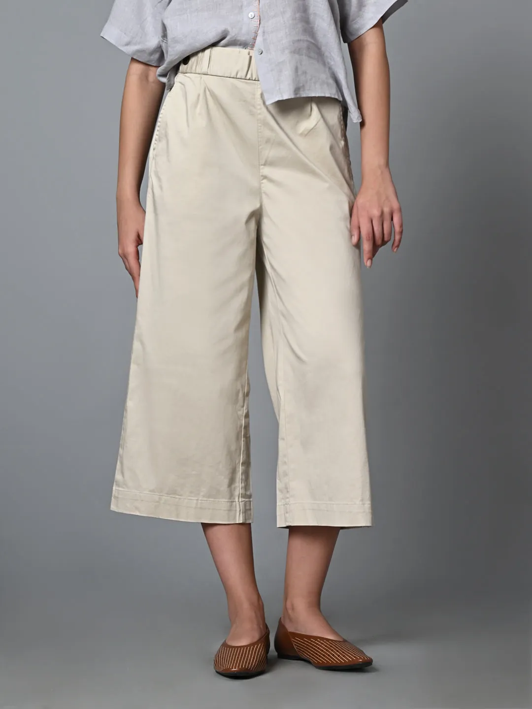 Women's Beige Cotton Elastane Regular Fit Culotte