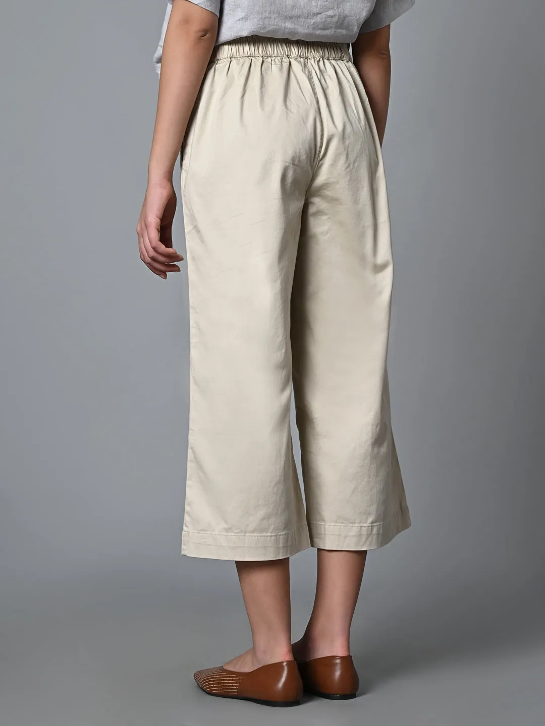 Women's Beige Cotton Elastane Regular Fit Culotte