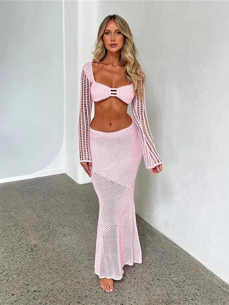 Women's Crochet Knit 2 Piece Set: Backless Crop Top and Bodycon Skirt - Summer Chic