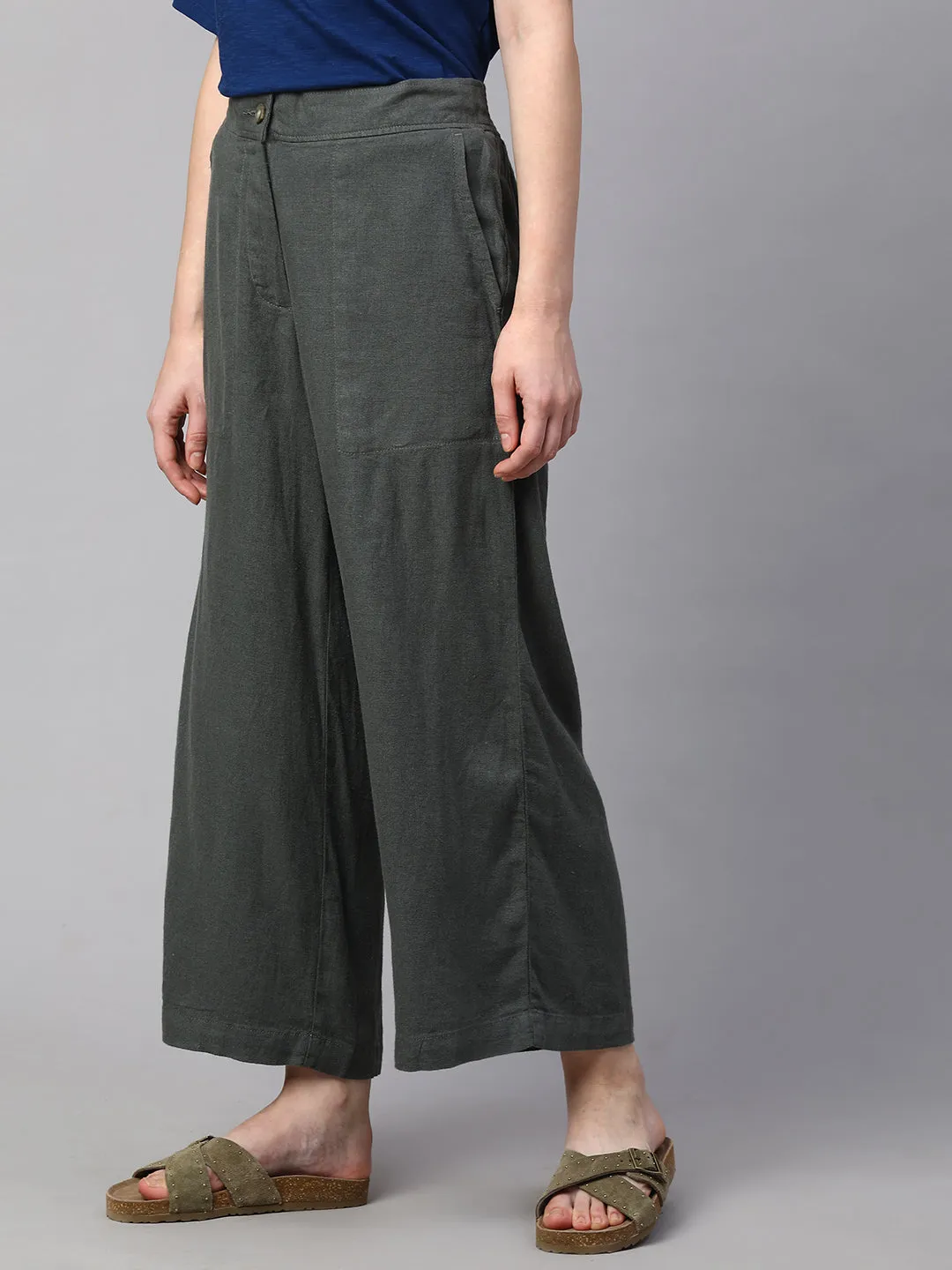 Women's Grey Linen Viscose Wide Leg Culotte