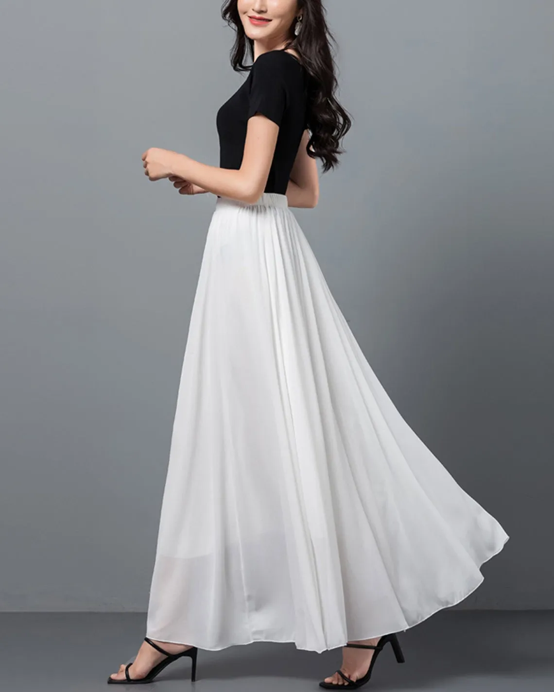 Women's maxi skirt, Elastic waist skirt, flare skirt, chiffon skirt, high waist skirt, long skirt, A-line skirt, white skirt A0012