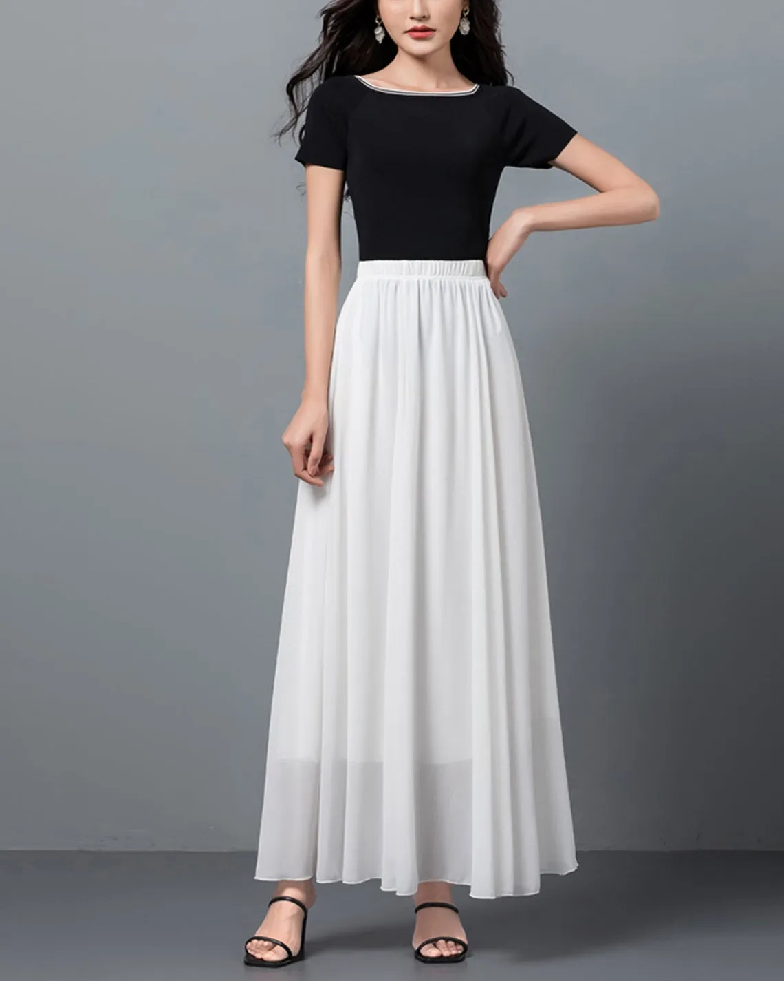 Women's maxi skirt, Elastic waist skirt, flare skirt, chiffon skirt, high waist skirt, long skirt, A-line skirt, white skirt A0012