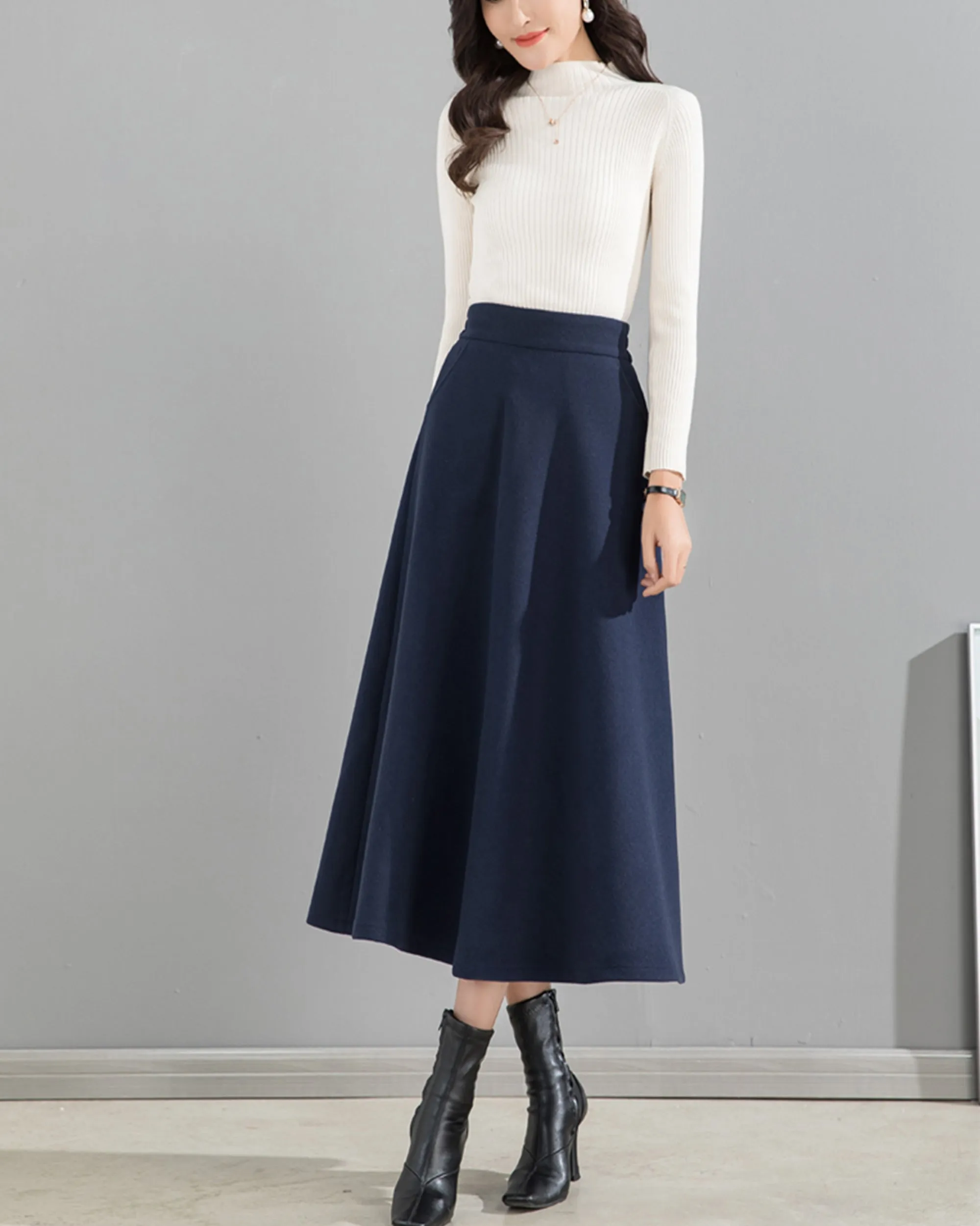 Wool skirt/Midi skirt/Winter skirt/A-line skirt/dark blue skirt/elastic waist skirt/skirt with pockets/customized skirt A008